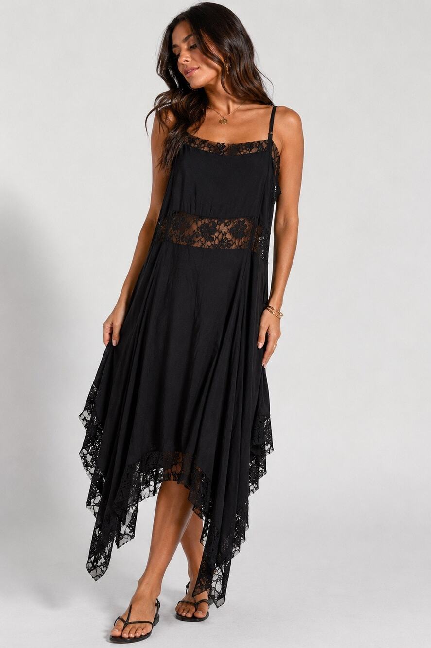 Intimately Free People Black Lace Midi Slip Dress S Witchy Boho Handkerchief